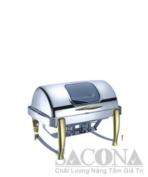 Roll Top Chafing Dish With Gold Leg & Visible Cover/ Nồi Hâm Thức Ăn Sacona Hình Chữ Nhật Nắp Kiếng Chân Vàng