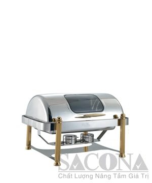 Full Size Roll Top Chafing Dish With Gold Leg & Visible Cover/ Nồi Hâm Thức Ăn Sacona Hình Chữ Nhật Nắp Kiếng Chân Vàng